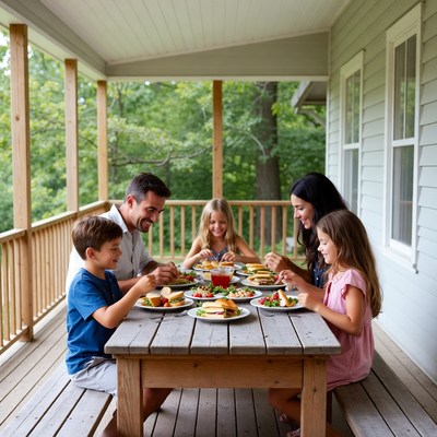 Family eating dinner on porch
