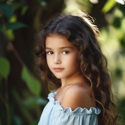 Young girl with curly hair in garden