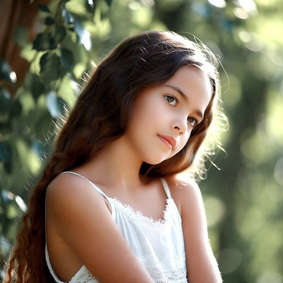 Girl with long hair in green foliage