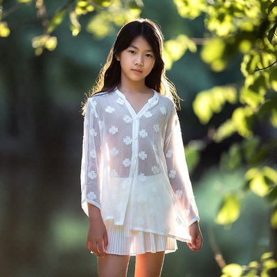 Asian girl in sheer blouse outdoors