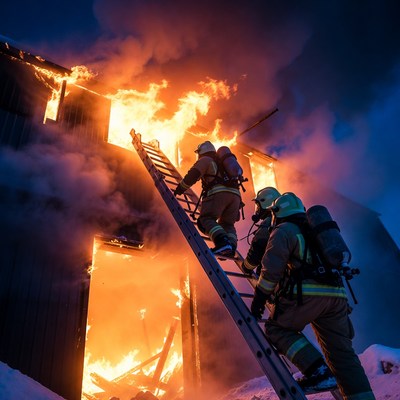 Firefighters Climbing Ladder to Burning Building