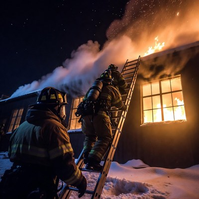 Firefighters Climbing Ladder at Night Fire