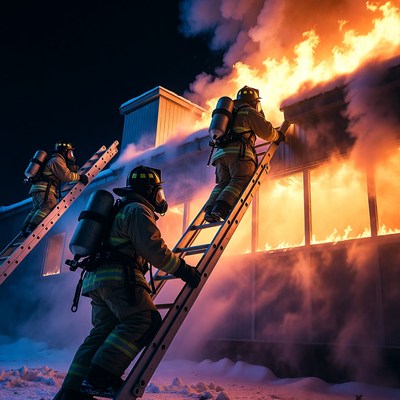 Firefighters Climbing Ladder to Burning Building
