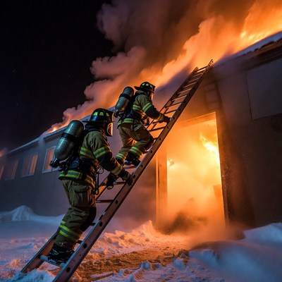Firefighters Climbing Ladder to Burning Building
