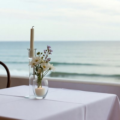 Candle and Flowers on Table by Ocean