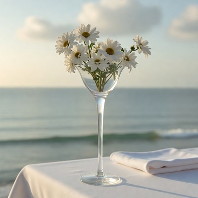 Daisies in Martini Glass on Beach Table