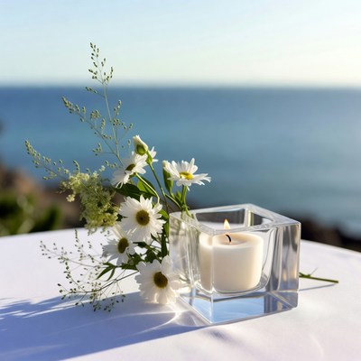 White Daisies and Candle by Ocean