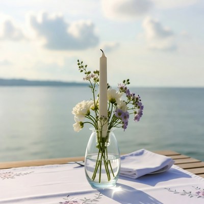White Candle with Flowers on Seaside Table