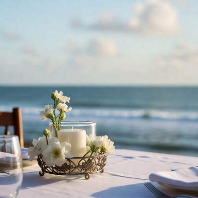White Flowers Candle Beach Table