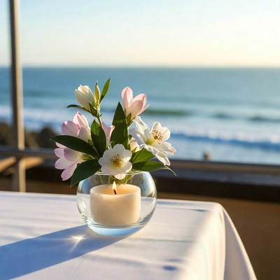 White Candle and Pink Lilies by Ocean