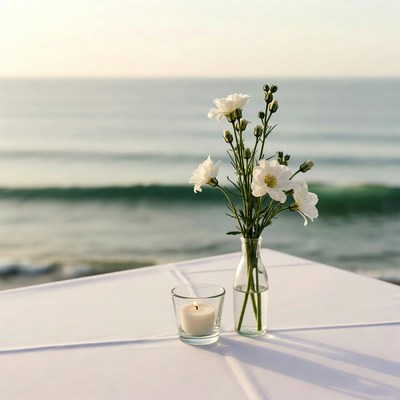 White Flowers and Candle on Beach Table
