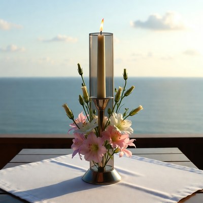 Lit Candle with Flowers Overlooking Ocean