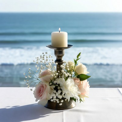 Candle with Flowers on Beach Table