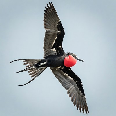 Frigatebird flying with red throat pouch