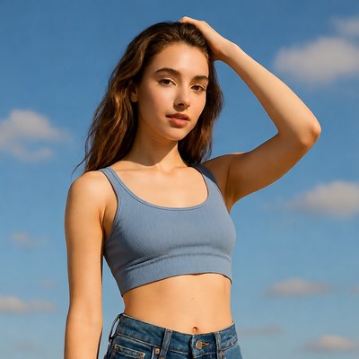 Young woman hand on head blue sky
