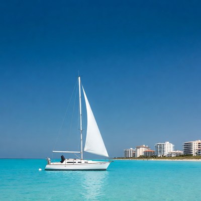 White sailboat on turquoise ocean