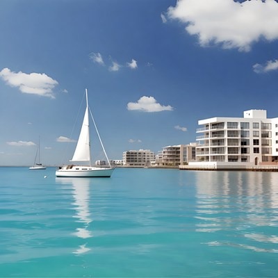 White Sailboat Docked by Waterfront Buildings