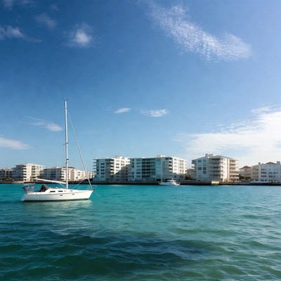 White Sailboat in Turquoise Water by White Buildings