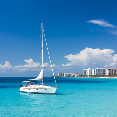 White sailboat anchored in turquoise sea
