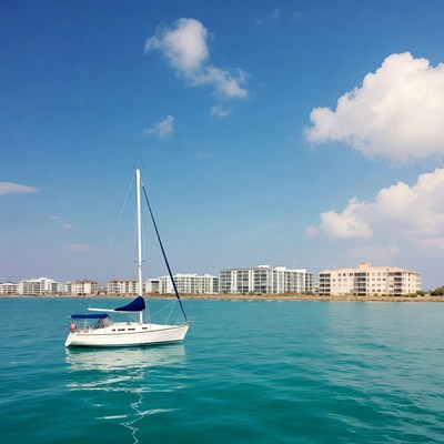 White Sailboat on Turquoise Water with Beachfront Buildings