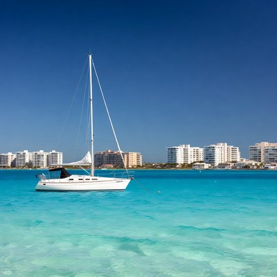 White Sailboat in Turquoise Bay