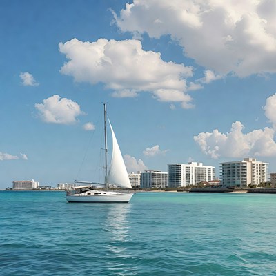 White Sailboat on Turquoise Water Near Beachfront Buildings
