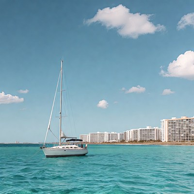 Sailboat in turquoise water near beach condos