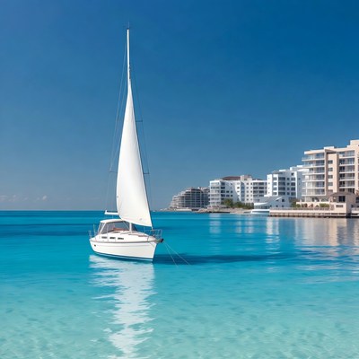 White sailboat anchored in turquoise bay