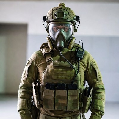Soldier in gas mask and tactical gear