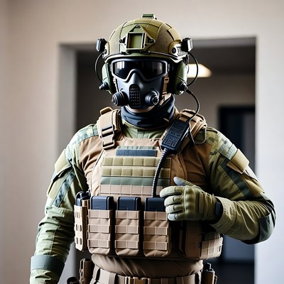 Soldier in tactical gear with gas mask