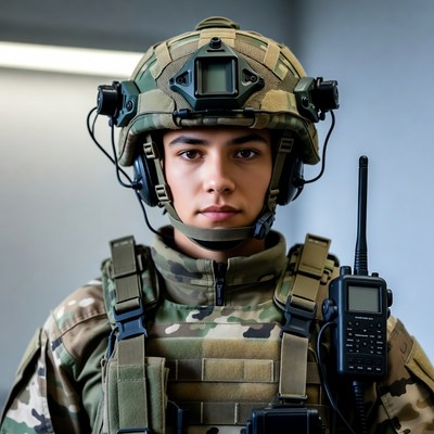 Soldier in Camouflage Helmet and Gear