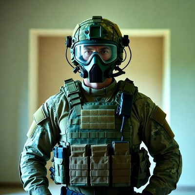 Soldier in tactical gear with gas mask