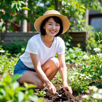 Asian woman gardening in straw hat