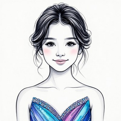 Asian girl in watercolor dress