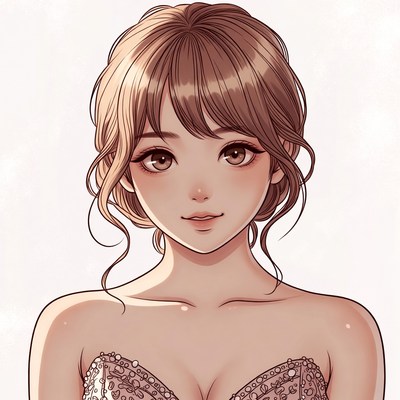 Anime girl in beaded strapless dress