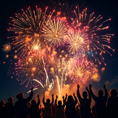 Crowd cheering at fireworks display