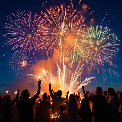 Crowd watching colorful fireworks display