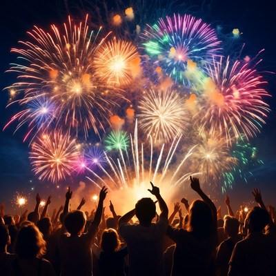 Crowd watching colorful fireworks display