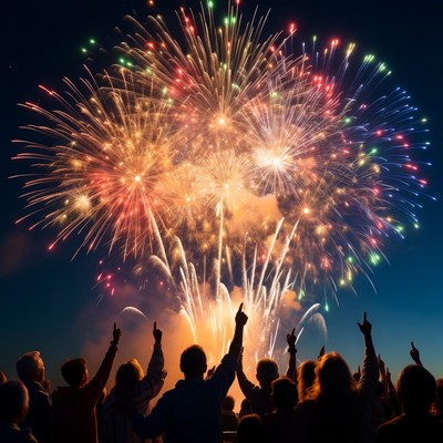 Crowd cheering fireworks silhouettes