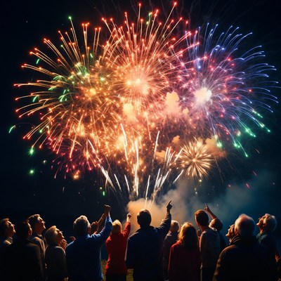 Crowd watching colorful fireworks display