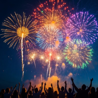 Crowd cheering at colorful fireworks display