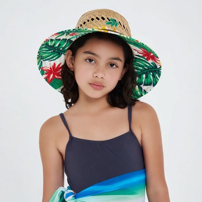 Asian girl in floral straw hat swimsuit