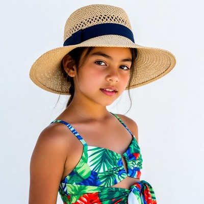 Girl in straw hat and tropical swimsuit