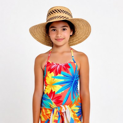 Girl in floral swimsuit wearing straw hat
