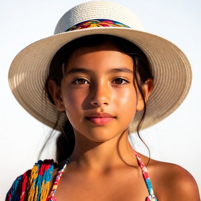 Girl in straw hat and swimsuit