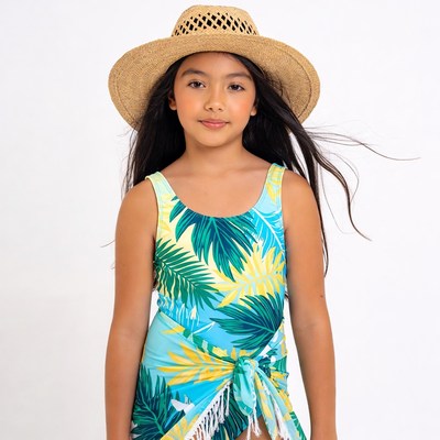 Asian girl in tropical swimsuit and straw hat