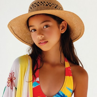 Young Asian girl in straw hat swimsuit