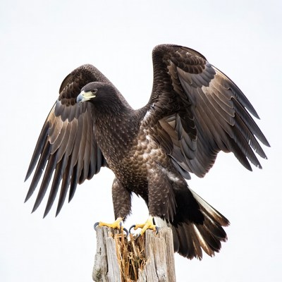Bald eagle perched on stump with wings spread