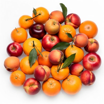 Oranges Apples Peaches on White Background