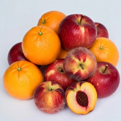 Fresh Oranges Apples Peaches Pile